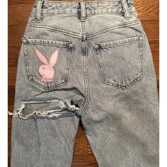 Playboy By PacSun Light Wash Denim Jeans Pink Bunny Logo Distressed Size 23 - Picture 7 of 8